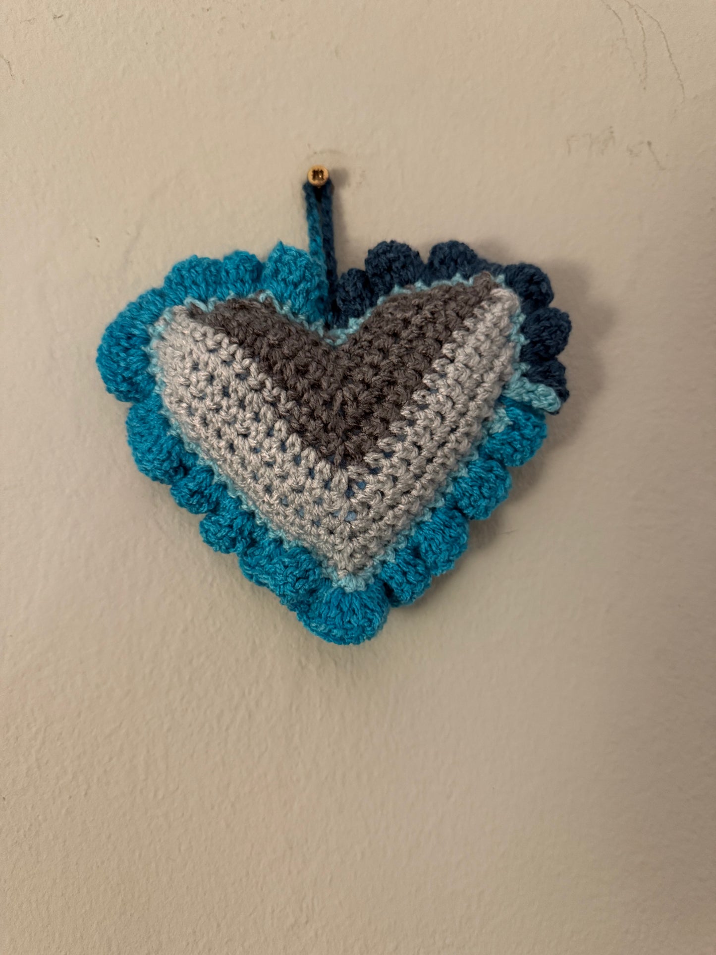 Crochet Hanging Heart - Blue and Grey Mix. (1)