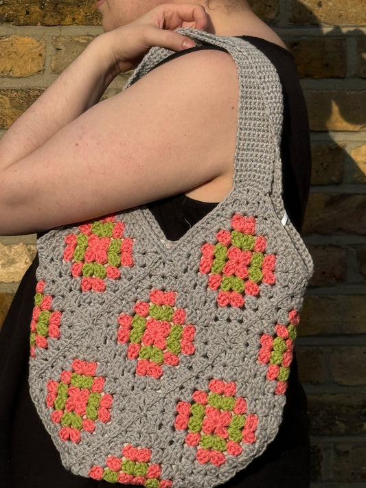 Crochet Tote Bag - Grey, Peach and Green