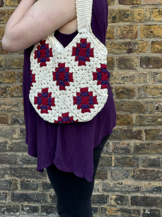 Crochet Tote Bag - Off White, Red and Purple
