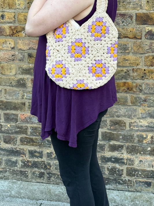 Crochet Tote Bag - Cream, Lilac and Yellow