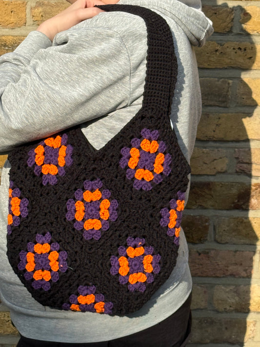 Crochet Tote Bag - Black, Purple and Orane