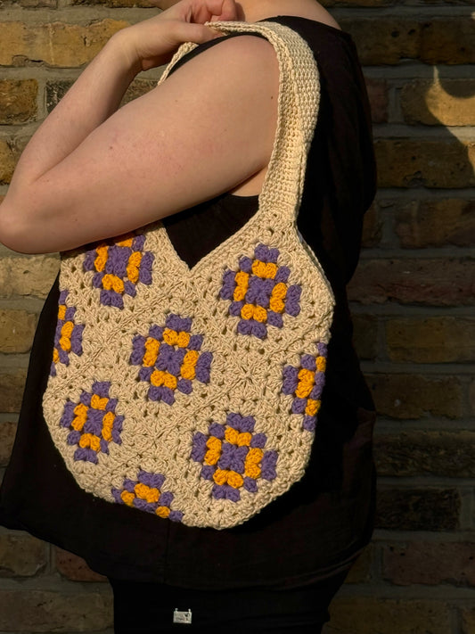 Crochet Tote Bag - Cream, Purple and Yellow