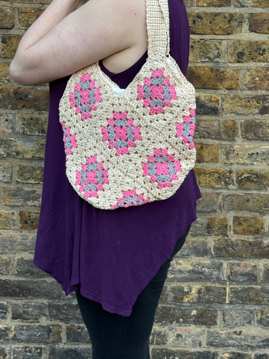 Crochet Tote Bag - Cream, Pink and Grey
