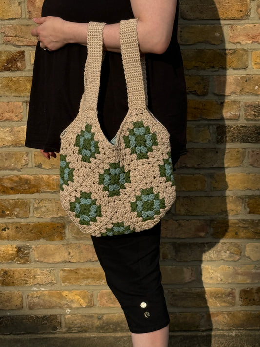Crochet Tote Bag - Wheat and Green