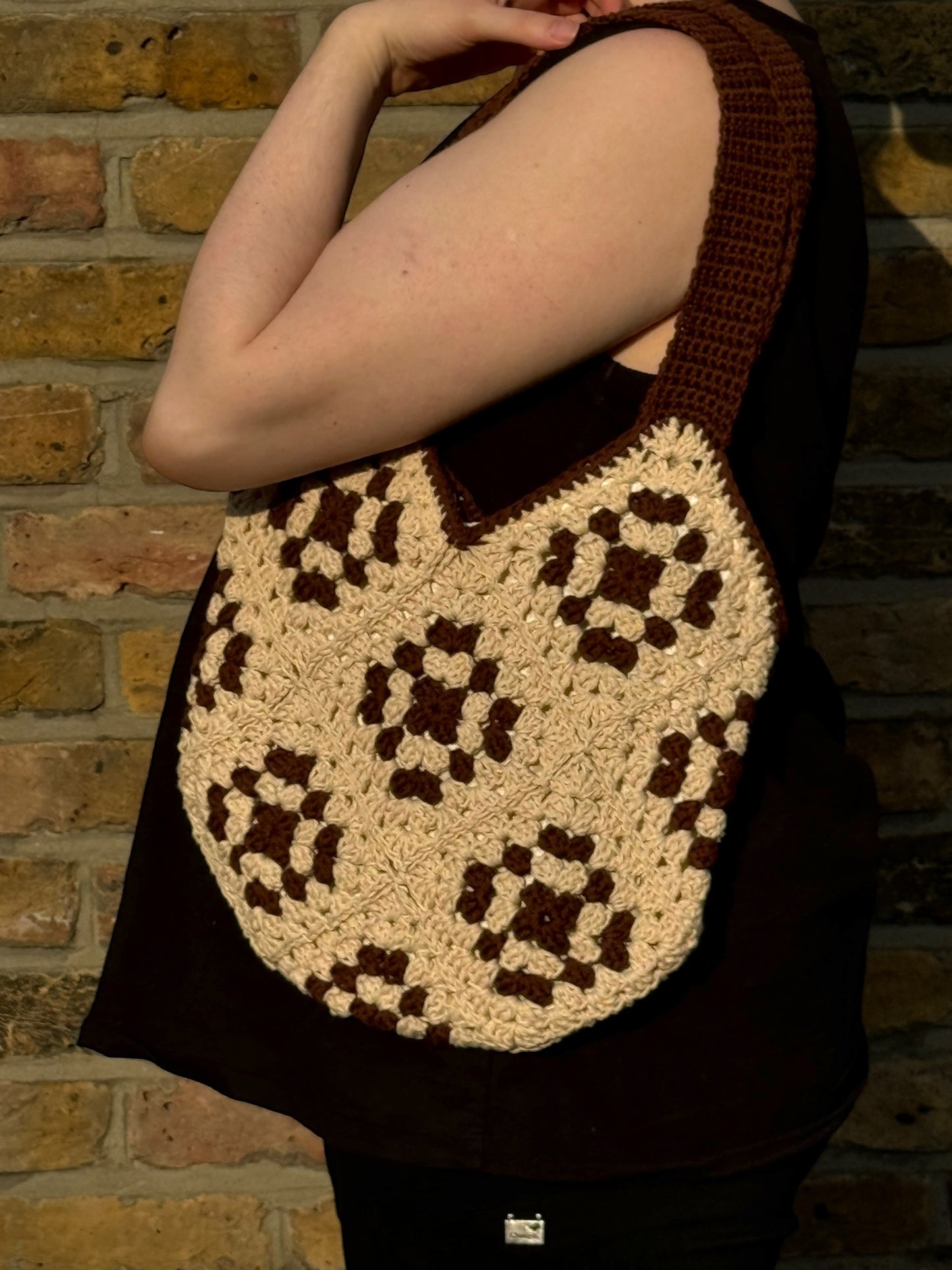 Crochet Tote Bag - Cream and Brown