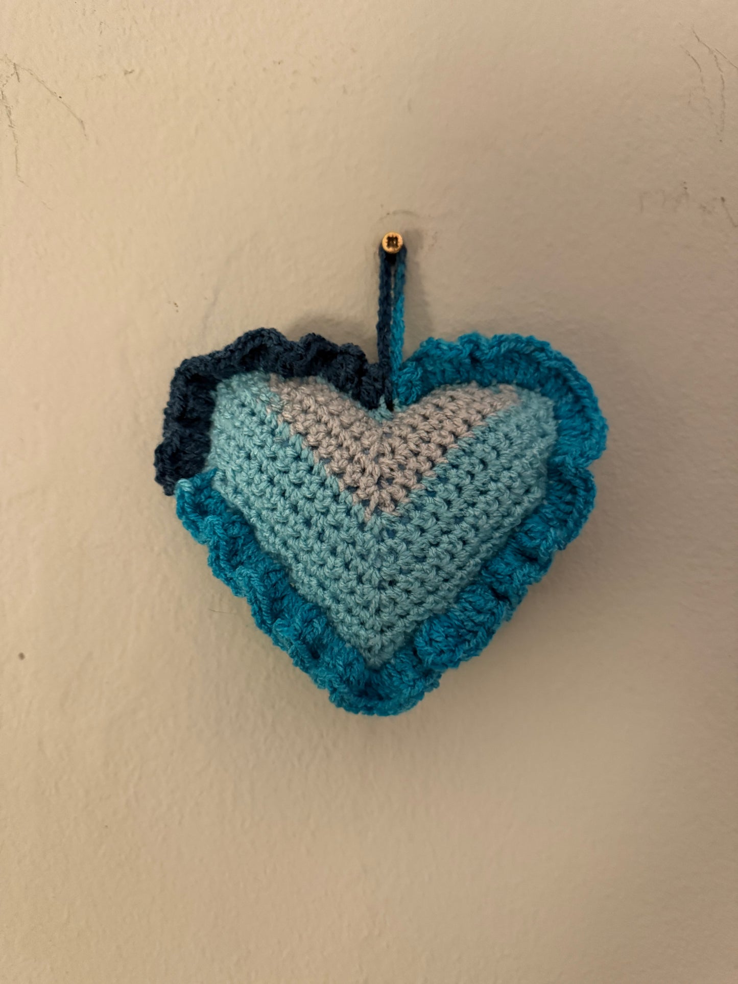 Crochet Hanging Heart - Blue and Grey Mix. (1)