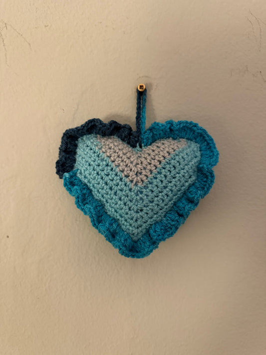 Crochet Hanging Heart - Blue and Grey Mix. (1)