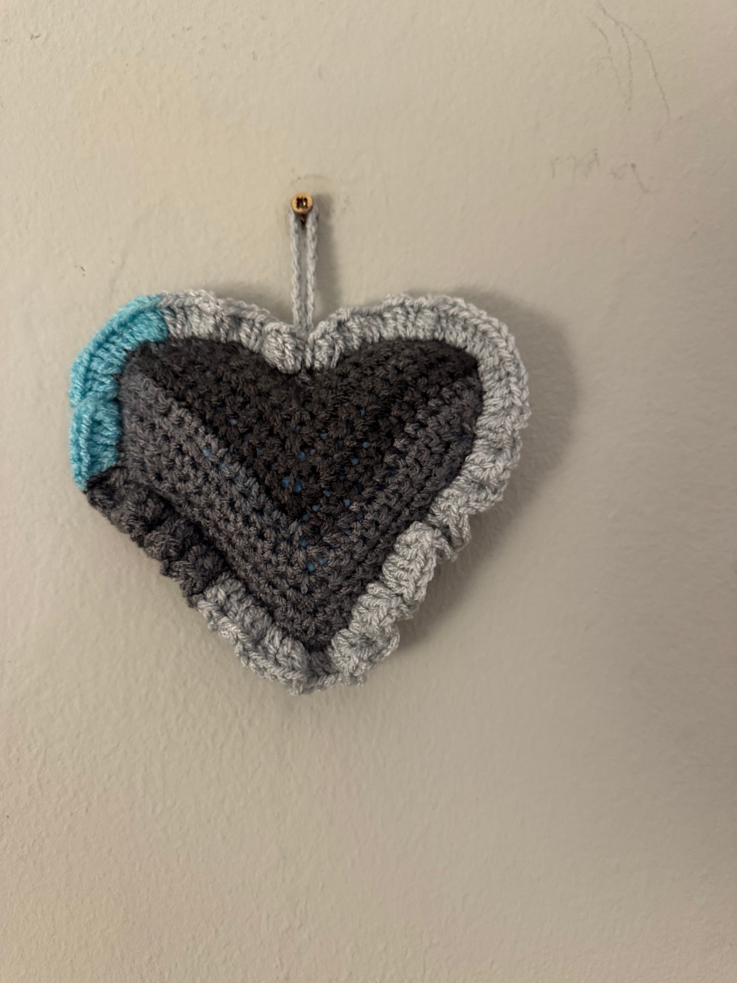 Crochet Hanging Heart - Blue and Grey Mix. (2)