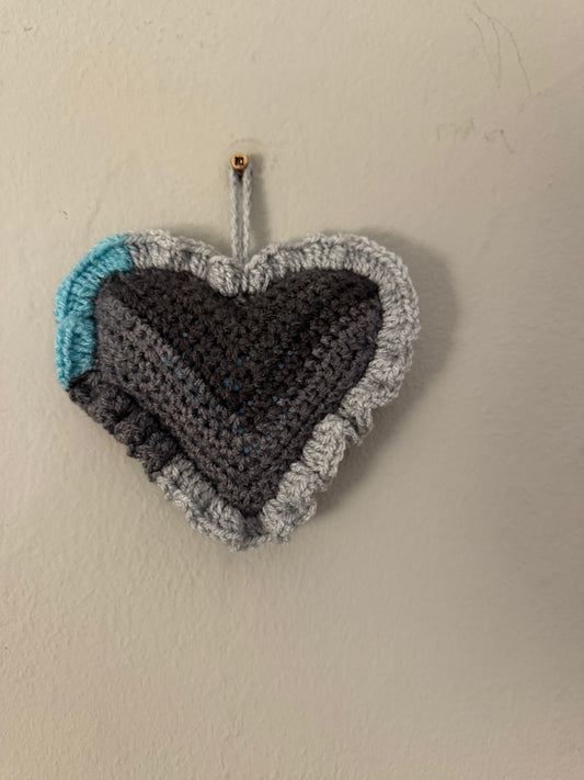 Crochet Hanging Heart - Blue and Grey Mix. (2)