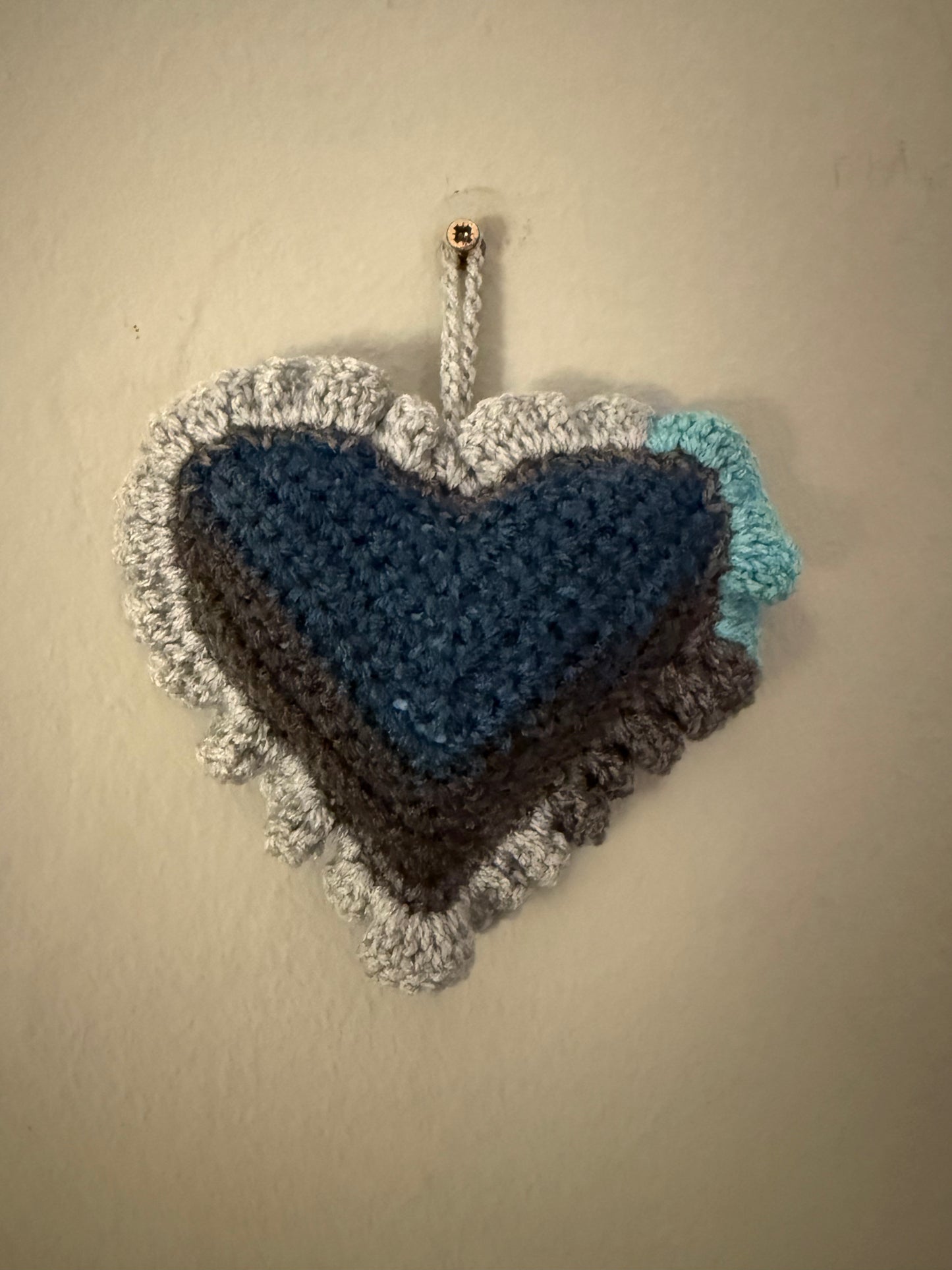 Crochet Hanging Heart - Blue and Grey Mix. (2)
