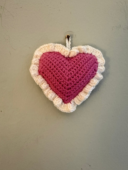 Crochet Hanging Heart - Pink and White