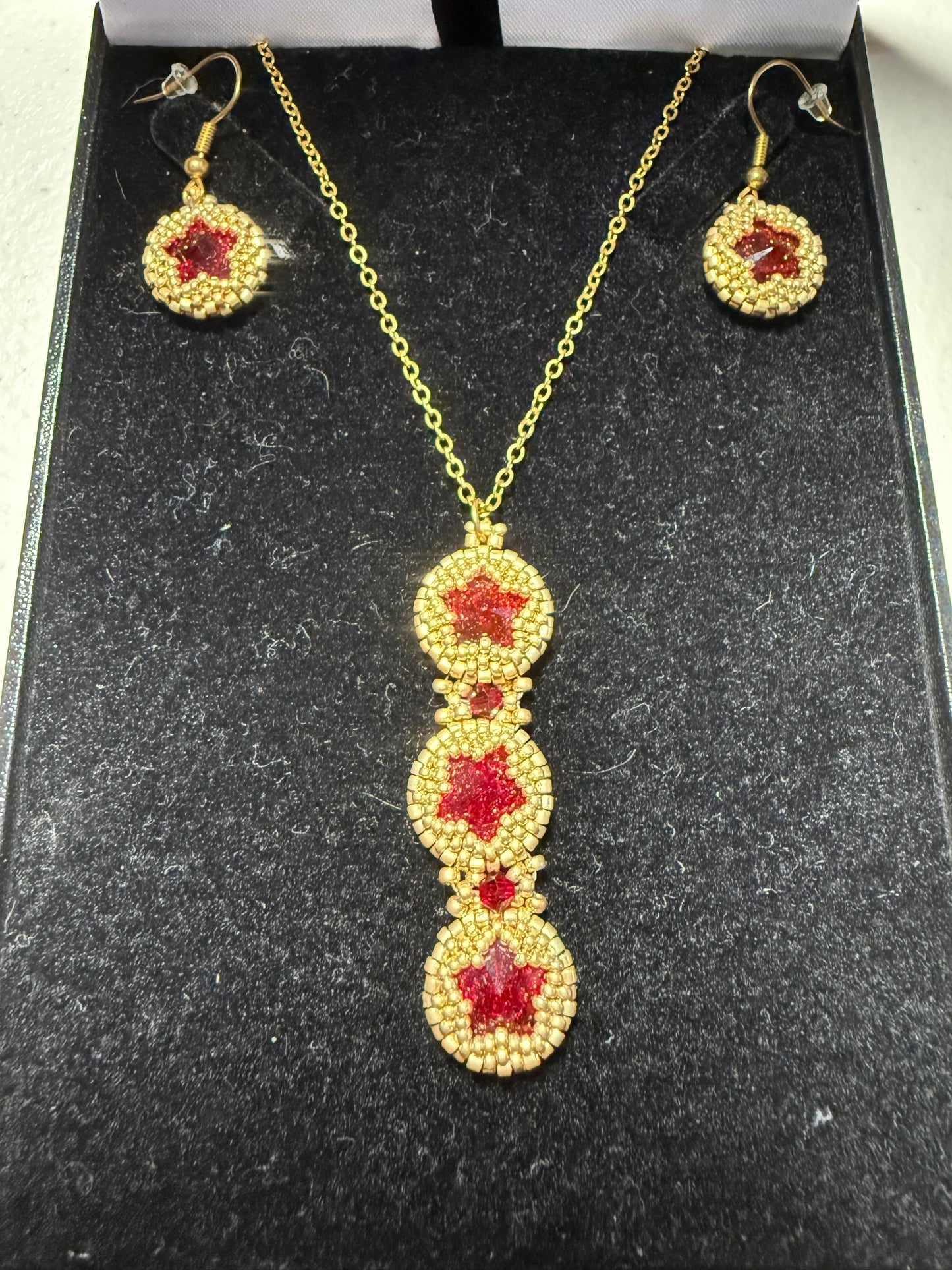 Gold and Red Star Earring and Necklace Set