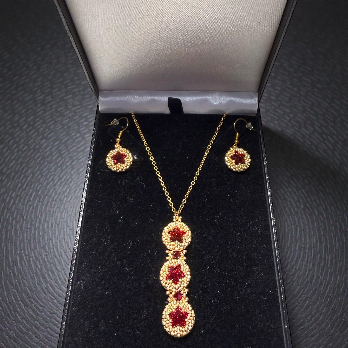 Gold and Red Star Earring and Necklace Set