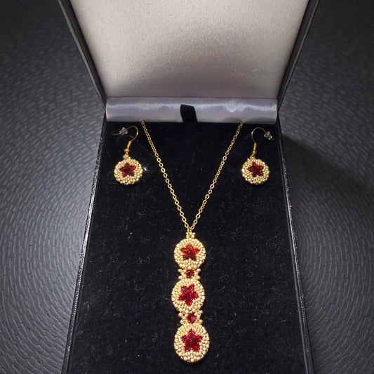 Gold and Red Star Earring and Necklace Set
